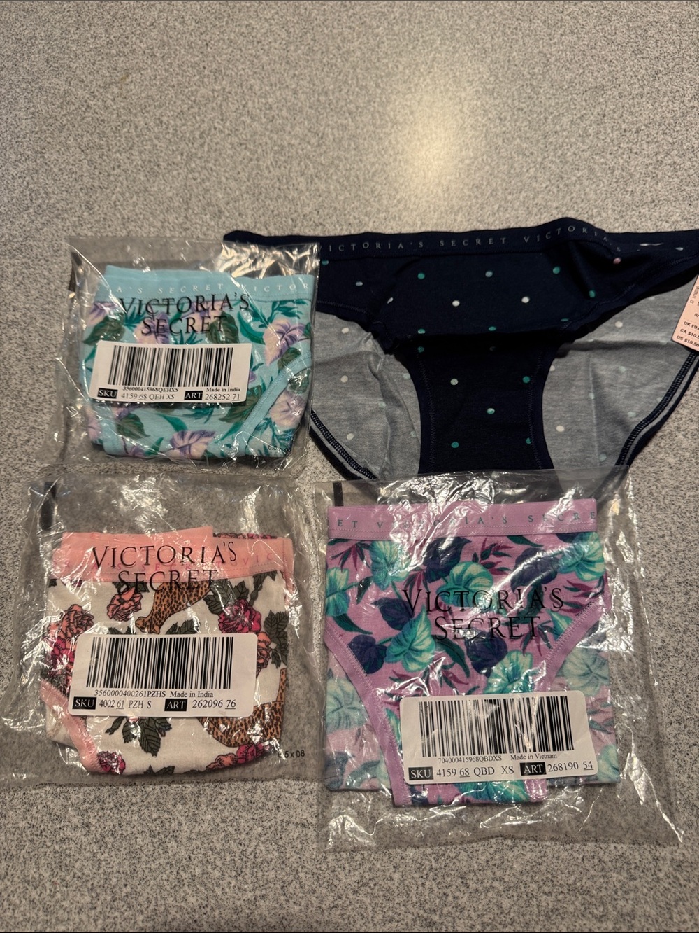 Victoria's Secret Navy Polka Dot Bikini + 3 Floral Panties Set